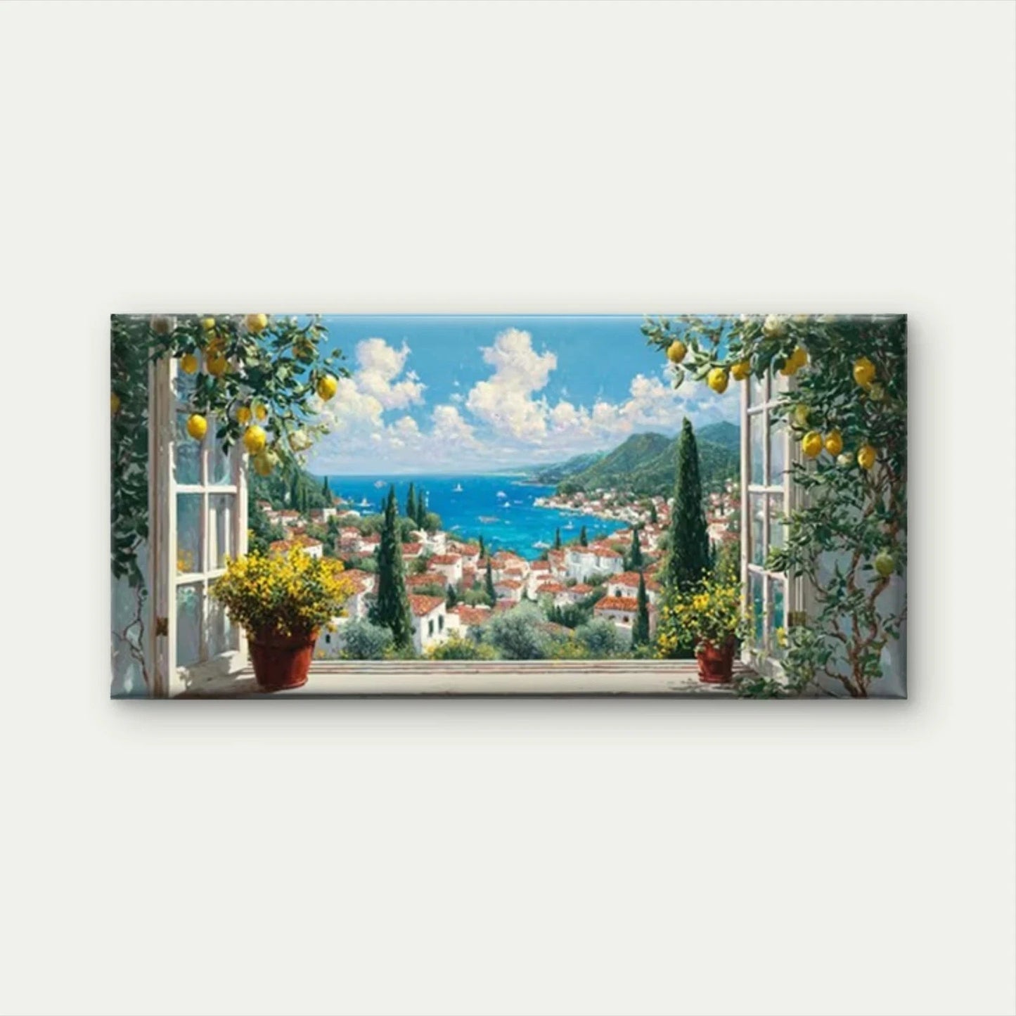 Lemon Tree & Sea View Wall Art Canvas Office Home Room Framed 120x60cm