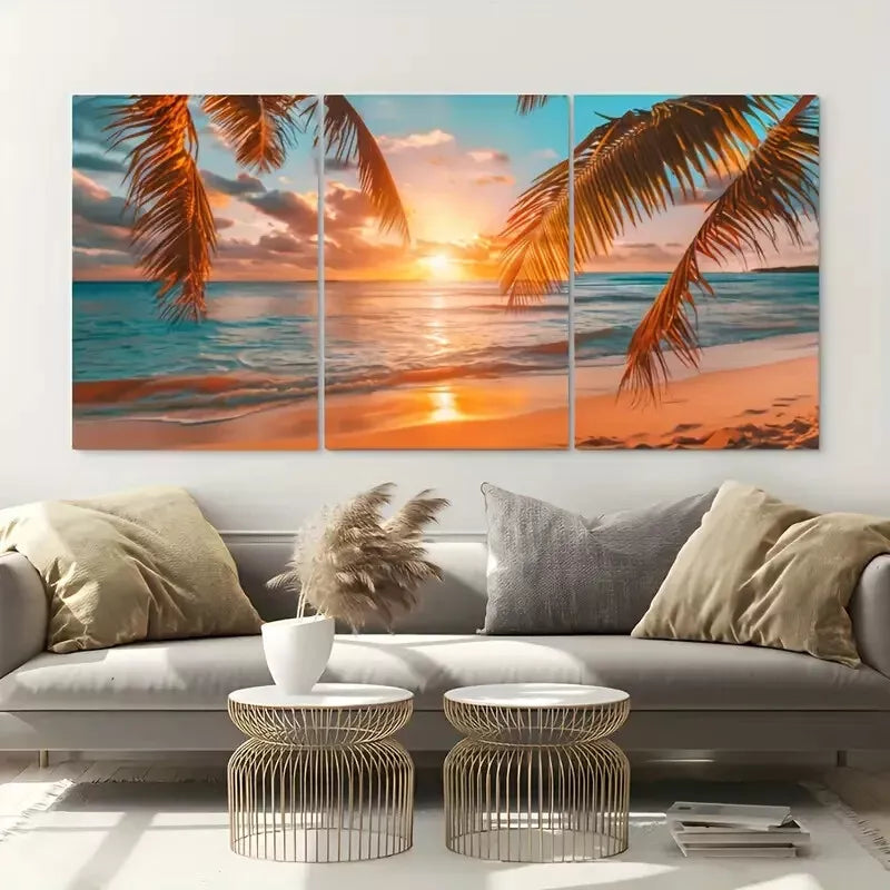 3pcsBeach Sunrise Wall Art Set Canvas Framed 50x70cm - High Quality Print 100% Australian Made Wall Canvas Ready to Hang