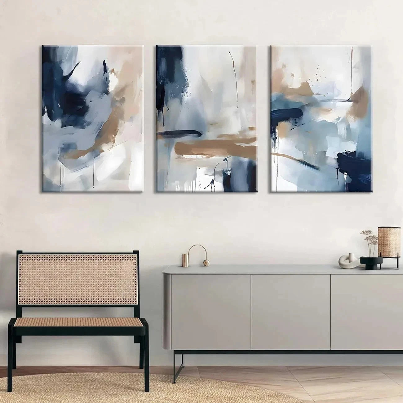 3pcs Modern Abstract Blue & Brown Metal Print Ready to Hang Art