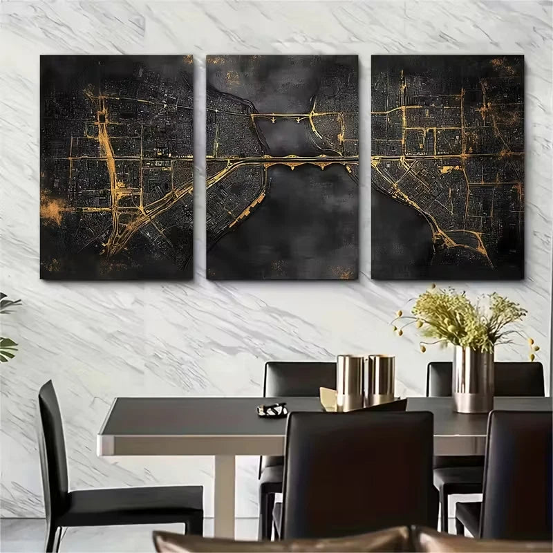 3pcs Black and White Urban Paris Map Metal Print Ready to Hang Art - Bella Home Decor