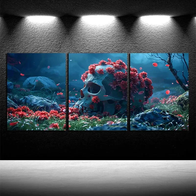 3pcs Vibrant Skeletons and Flowers on Ground Metal Print Ready to Hang Art