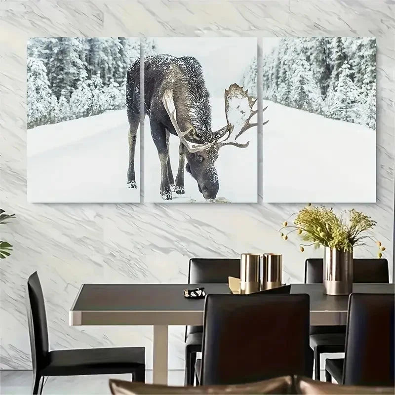 3pcs Moose in Snow Scandi Winter Art Metal Print Ready to Hang Art