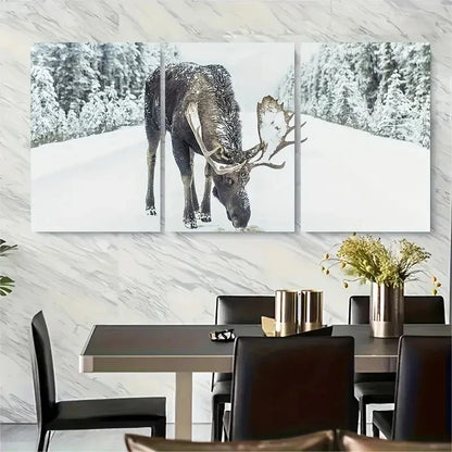 3pcs Moose in Snow Scandi Winter Art Metal Print Ready to Hang Art