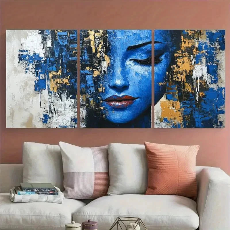 3pcs Modern Figurative Woman Face in Blue Klimt Wall Art Set Canvas Framed 60x90cm - High Quality Print 100% Australian Made Wall Canvas Ready to Hang