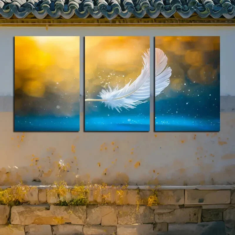 3pcs White Feather in vibrant Background Metal Print Ready to Hang Art - Bella Home Decor