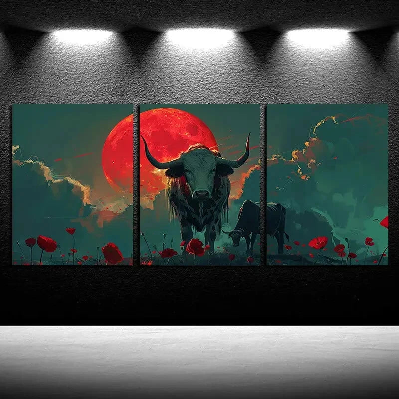 3pcs Red Moon and Black Bull Modern Design Metal Print Ready to Hang Art - Bella Home Decor