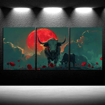 3pcs Red Moon and Black Bull Modern Design Metal Print Ready to Hang Art - Bella Home Decor