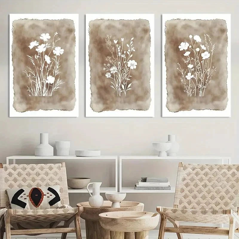 3pcs Minimalist Botanical Boho Wildflower Metal Print Ready to Hang Art - Bella Home Decor