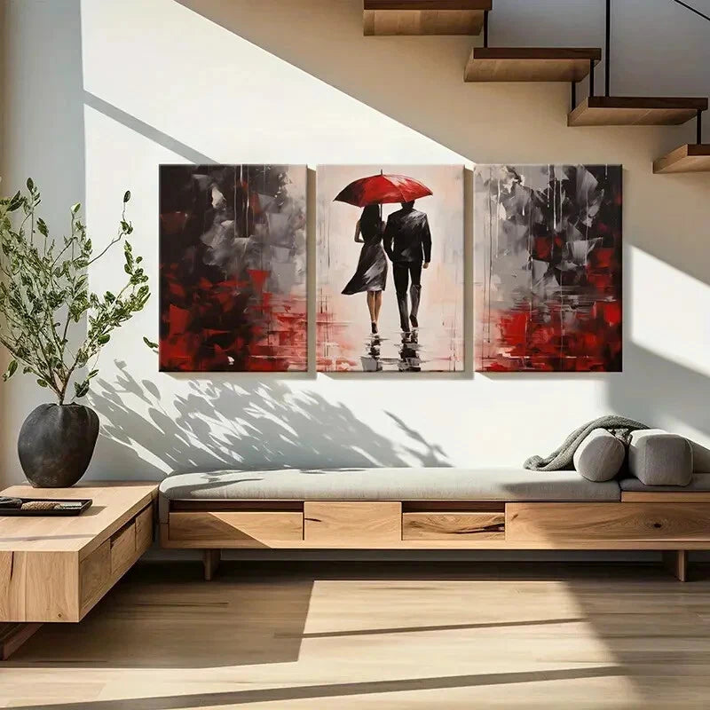 3pcs Red Umbrella Rainy Scene Romantic Couple Metal Print Ready to Hang Art - Bella Home Decor