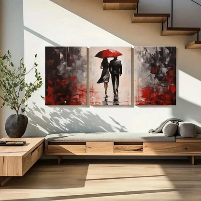 3pcs Red Umbrella Rainy Scene Romantic Couple Metal Print Ready to Hang Art - Bella Home Decor
