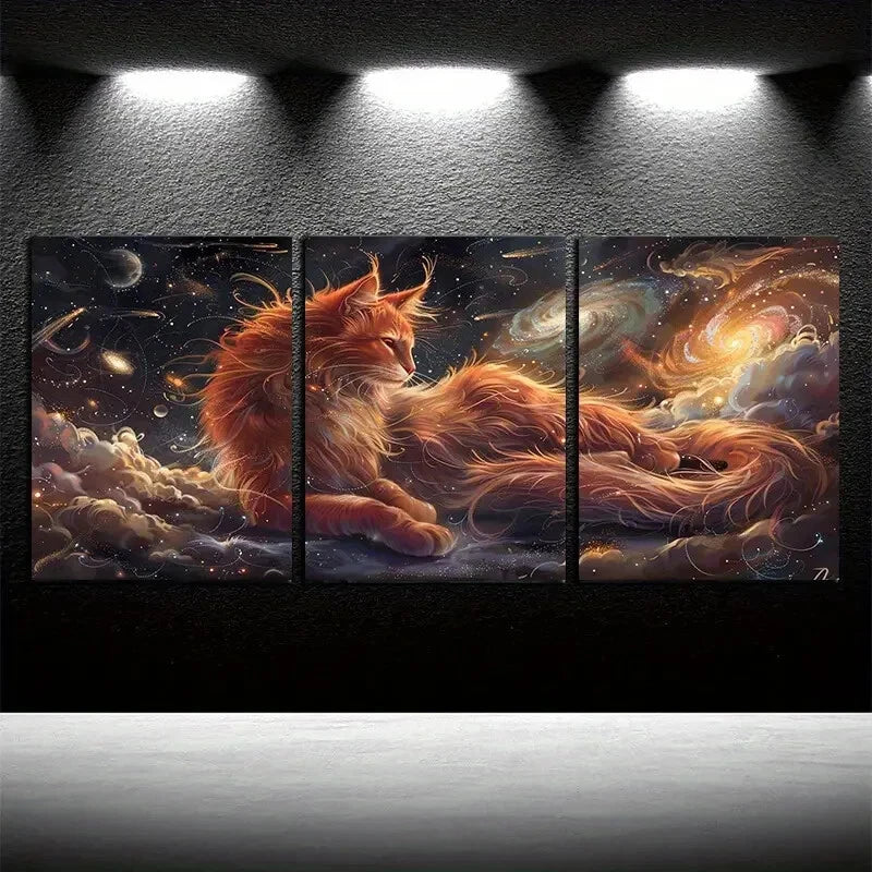 3pcs Charming Cat with Galaxies Illustration Metal Print Ready to Hang Art - Bella Home Decor