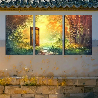 3pcs Vibrant Door in the Forest Illustration Metal Print Ready to Hang Art