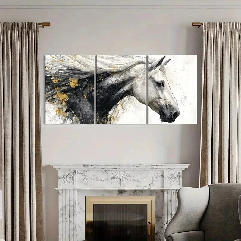 3pcs Abstract Horse Art White Mane Black Body Metal Print Ready to Hang Art - Bella Home Decor