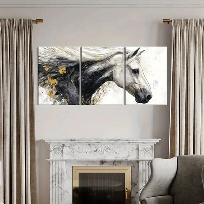 3pcs Abstract Horse Art White Mane Black Body Metal Print Ready to Hang Art - Bella Home Decor