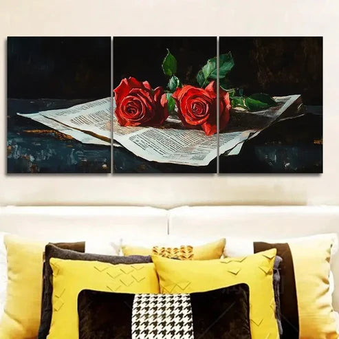 3pcs Red roses from the newspaper Wall Art Set Canvas Unframed - High Quality Print 100% Australian Made Wall Canvas