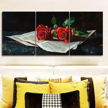 3pcs Red roses from the newspaper Wall Art Set Canvas Unframed - High Quality Print 100% Australian Made Wall Canvas