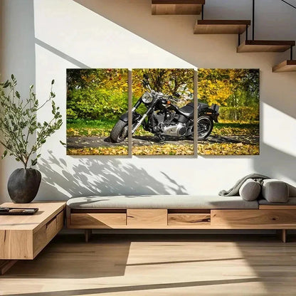 3pcs Motorcycle with Autumn Leaves Scene Wall Art Set Canvas Framed 50x70cm - High Quality Print 100% Australian Made Wall Canvas Ready to Hang