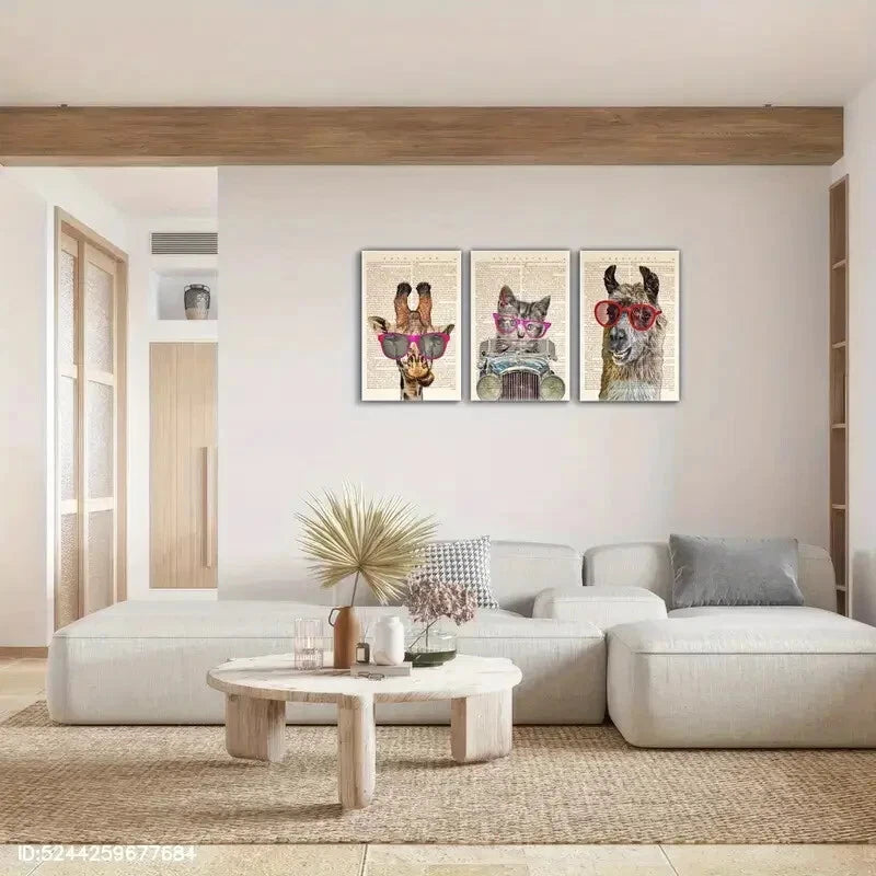 3pcs Minimalist Animal Wall Art with Glasses Metal Print Ready to Hang Art