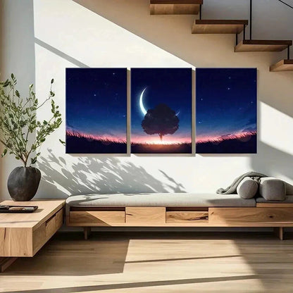 3pcs Moon Trees Grassland Fantasy Wall Art Set Canvas Framed 50x70cm - High Quality Print 100% Australian Made Wall Canvas Ready to Hang - Bella Home Decor