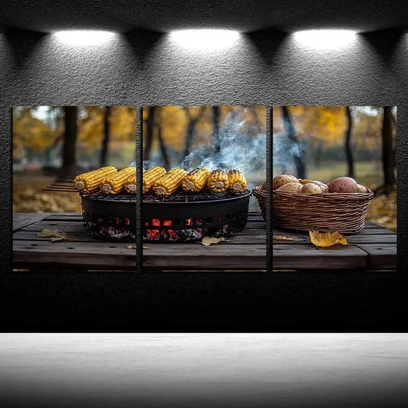 3pcs Outdoor Barbecue with Corn and Potato Metal Print Ready to Hang Art - Bella Home Decor