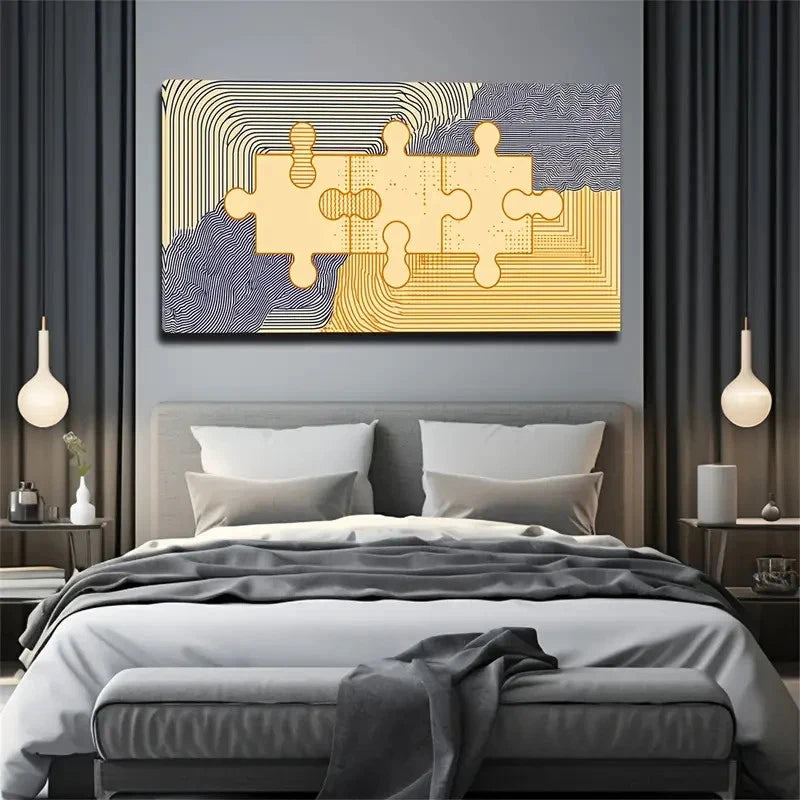 Blue & Golden Puzzle Pieces Wall Art Canvas Office Home Room Framed 120x60cm
