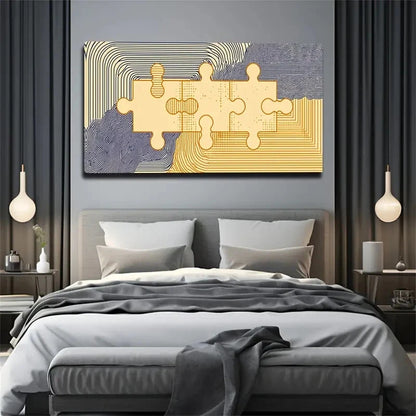 Blue & Golden Puzzle Pieces Wall Art Canvas Office Home Room Framed 120x60cm