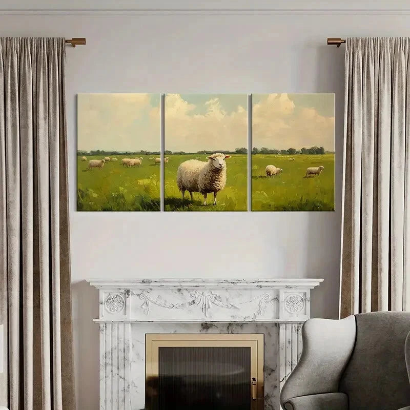 3pcs Rustic Pastoral Scene Sheep Grazing Metal Print Ready to Hang Art - Bella Home Decor