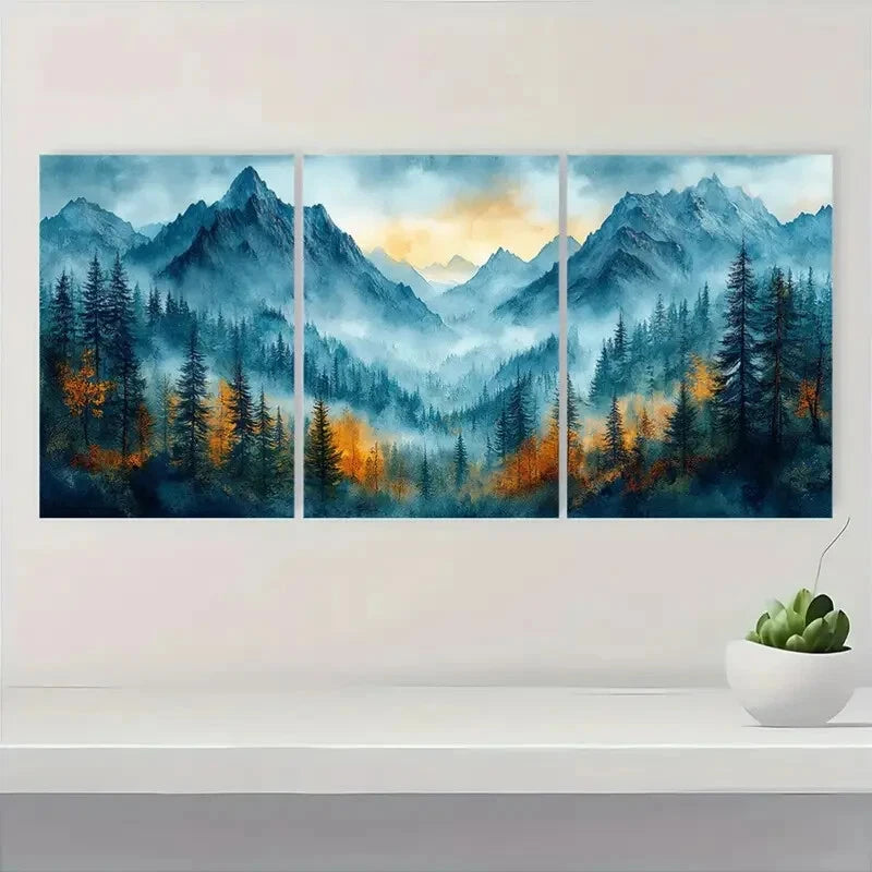 3pcs Mountain Forest Misty Pine Tree Landscape Metal Print Ready to Hang Art - Bella Home Decor