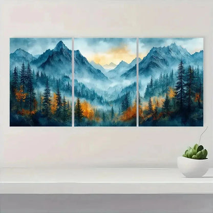 3pcs Mountain Forest Misty Pine Tree Landscape Metal Print Ready to Hang Art - Bella Home Decor