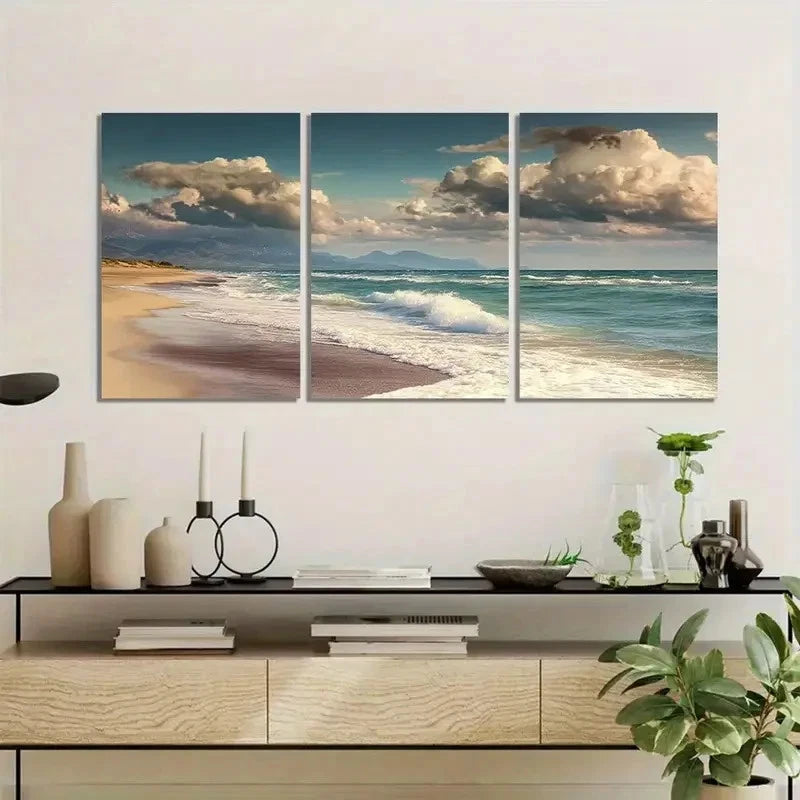 3pcs Beach with Waves and Sand Under a Beautiful Metal Print Ready to Hang Art - Bella Home Decor