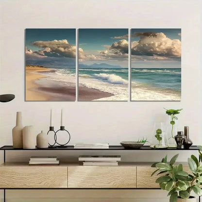 3pcs Beach with Waves and Sand Under a Beautiful Metal Print Ready to Hang Art - Bella Home Decor