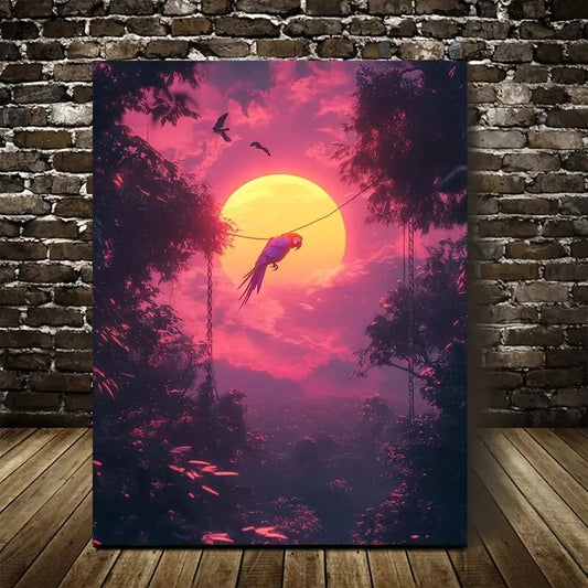 Swinging from Trees under Glowing Painting 40x60cm Metal Print Ready to Hang