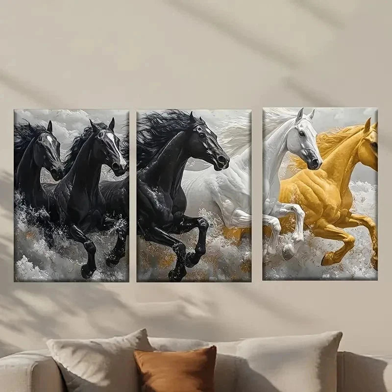 3pcs Four Horses Galloping Through Water Wall Art Set Canvas Framed 40x60cm - High Quality Print 100% Australian Made Wall Canvas Ready to Hang - Bella Home Decor