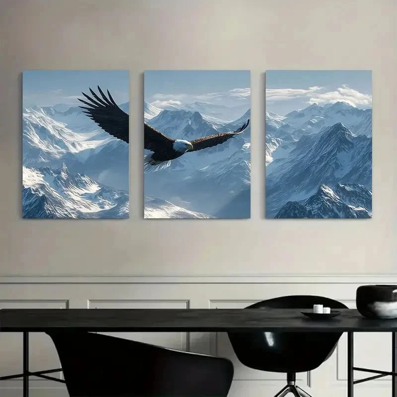 3pcs Eagle Soaring Over Snow-Capped Mountains Metal Print Ready to Hang Art - Bella Home Decor