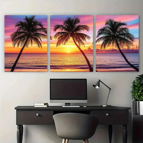 3pcs Serene Beach Sunset Island Paradise Wall Art Canvas Unframed - High Quality Print 100% Australian Made Wall Canvas