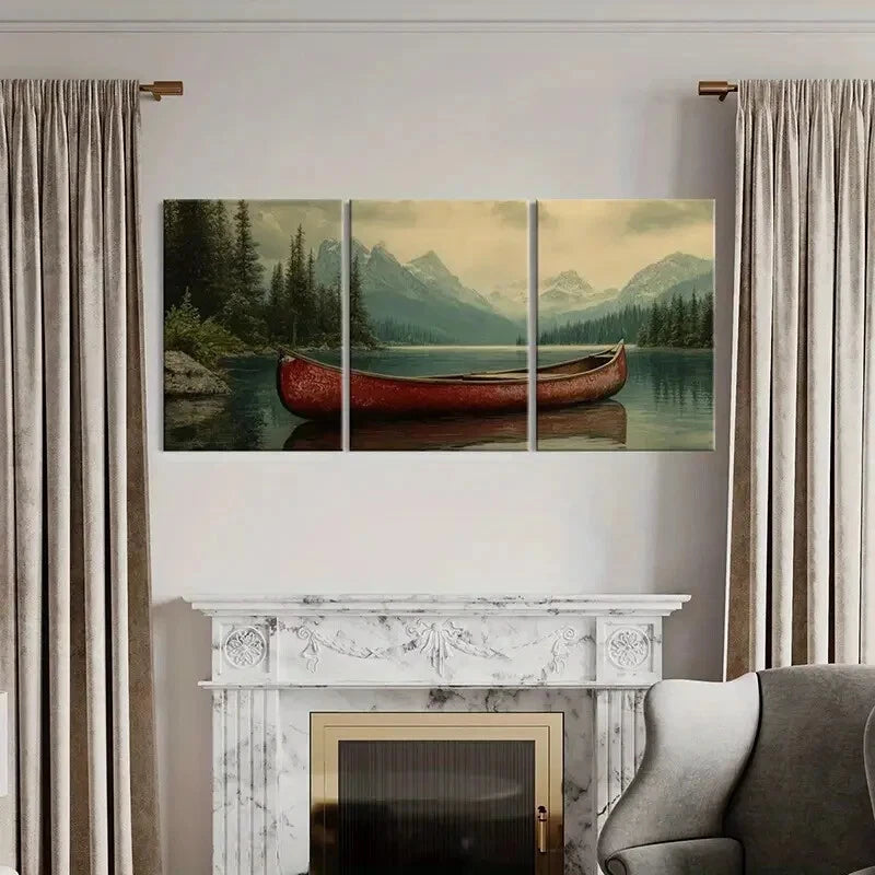 3pcs Red Canoe Majestic Mountains Serene Lake Metal Print Ready to Hang Art - Bella Home Decor