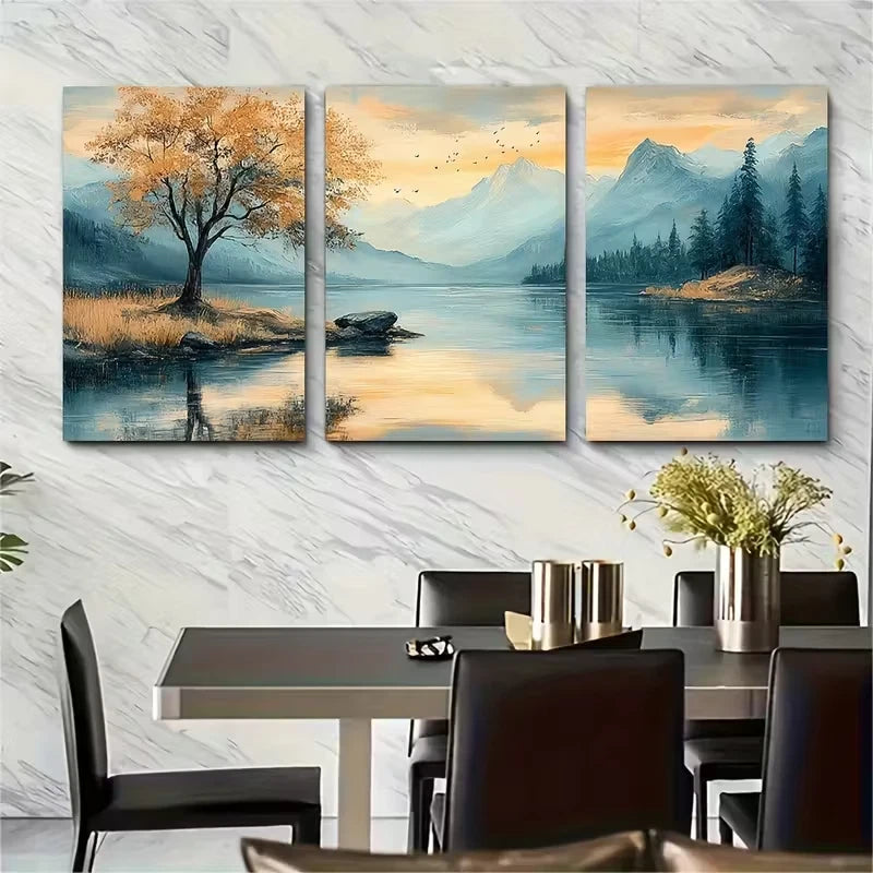 3pcs Featuring Serene Lake Mountains & Trees Metal Print Ready to Hang Art