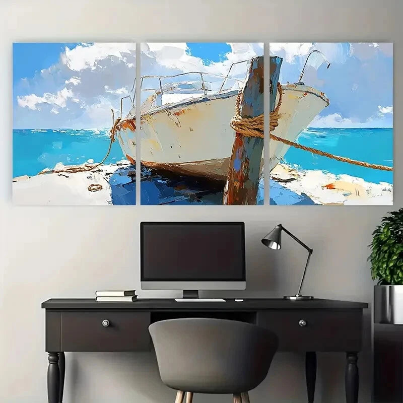 3pcs Old Boat Tied to the Pier Post Impressionist Metal Print Ready to Hang Art