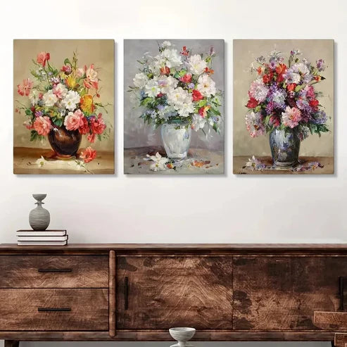 3pcs Vase And Pink, Red, Purple, And White Flower Wall Art Set Canvas Unframed - High Quality Print 100% Australian Made Wall Canvas