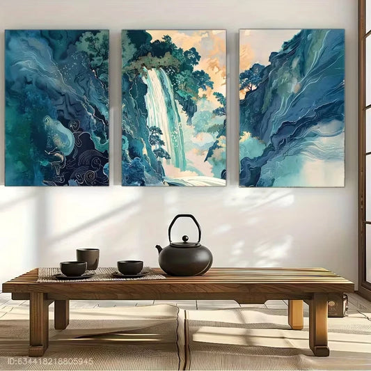 3pcs Hokusai Ukiyo-e Style Waterfall Landscape Metal Print Ready to Hang Art