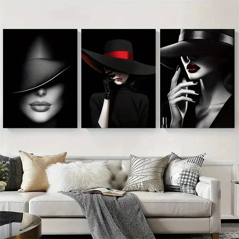 3pcs Chic Lady in Black Fedora Wall Art Set Canvas Framed 60x90cm - High Quality Print 100% Australian Made Wall Canvas Ready to Hang