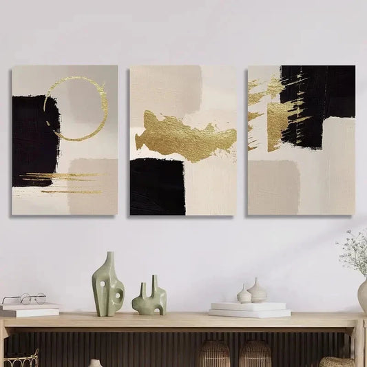 3pcs Golden Geometric Abstract Wall Art Set Canvas Framed 40x60cm - High Quality Print 100% Australian Made Wall Canvas Ready to Hang