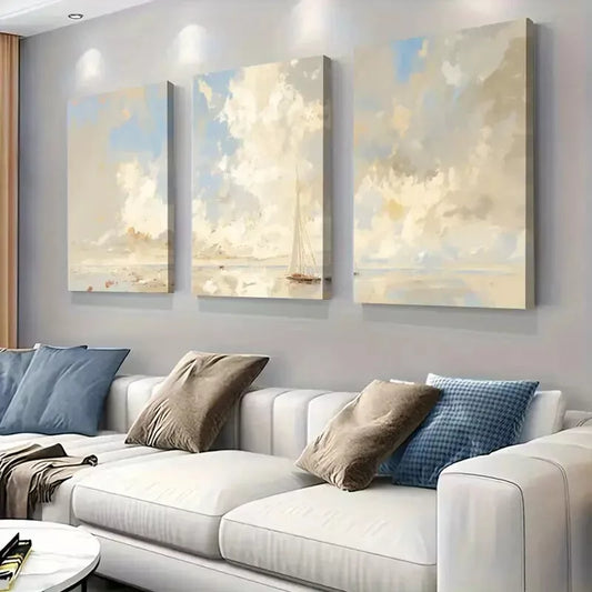 3pcs Charm of Cloudy Seascape Sailing Boat Art Set Canvas Framed 50x70cm - High Quality Print 100% Australian Made Wall Canvas Ready to Hang