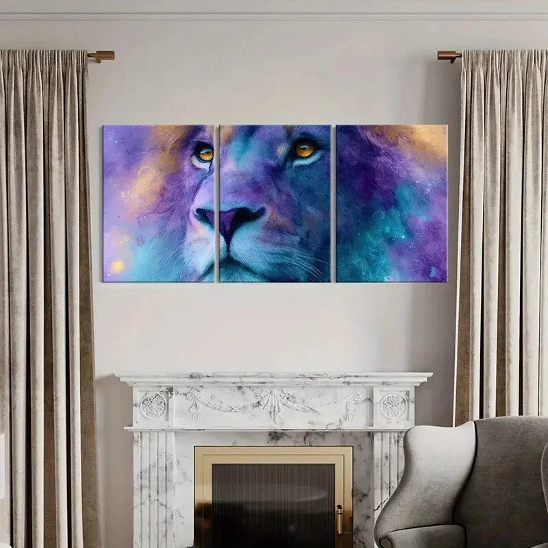 3pcs Artistic Lion Portrait Vibrant Colors Metal Print Ready to Hang Art - Bella Home Decor