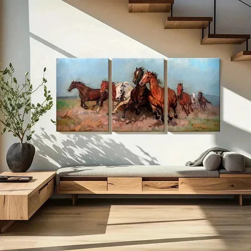 3pcs Vintage Running Horses  Wall Art Set Canvas Unframed - High Quality Print 100% Australian Made Wall Canvas