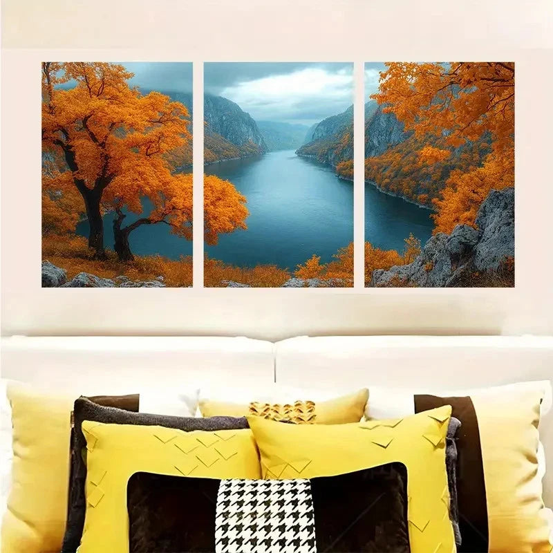 3pcs Danube River Autumn Foliage & Golden Trees  Wall Art Set Canvas Framed 40x60cm - High Quality Print 100% Australian Made Wall Canvas Ready to Hang - Bella Home Decor