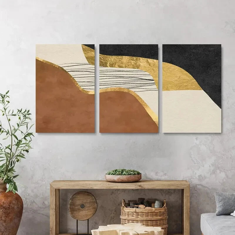 3pcs Abstract Modern Painting Brown & Black Metal Print Ready to Hang Art - Bella Home Decor