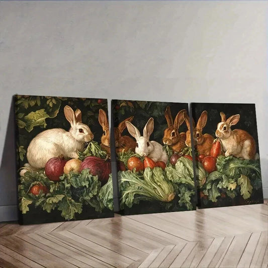 3pcs Classic Modern Rabbit Farm Wall Art Set Canvas Framed 50x70cm - High Quality Print 100% Australian Made Wall Canvas Ready to Hang