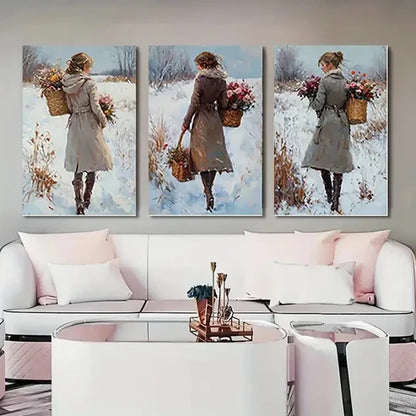3pcs Vintage Winter Forest Beautiful Girl Wall Art Set Canvas Unframed - High Quality Print 100% Australian Made Wall Canvas