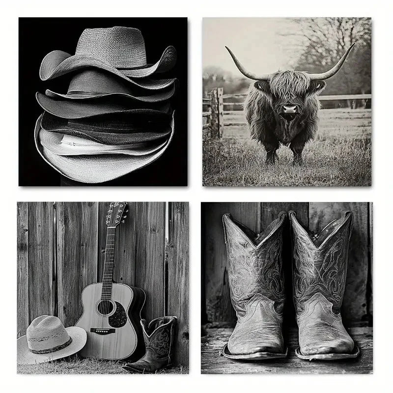 4pcs Highland Cow Print Boots Straw Hat Wall Art Canvas Framed